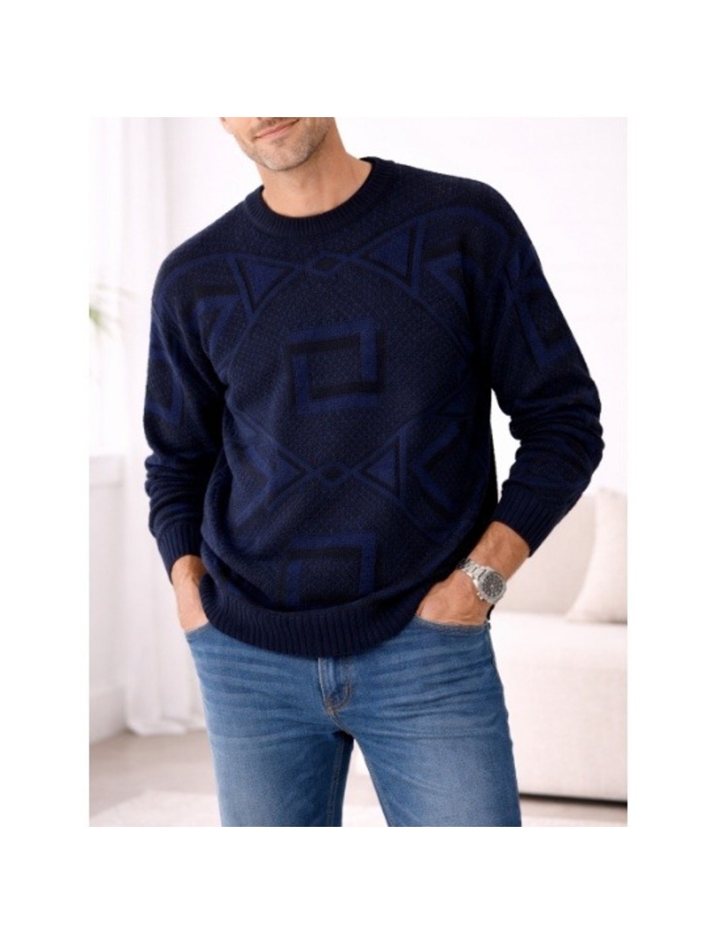 Jantzen Men's Blue Geometric Abstract Knit Vintage Sweater Mens 90s Retro Size L
